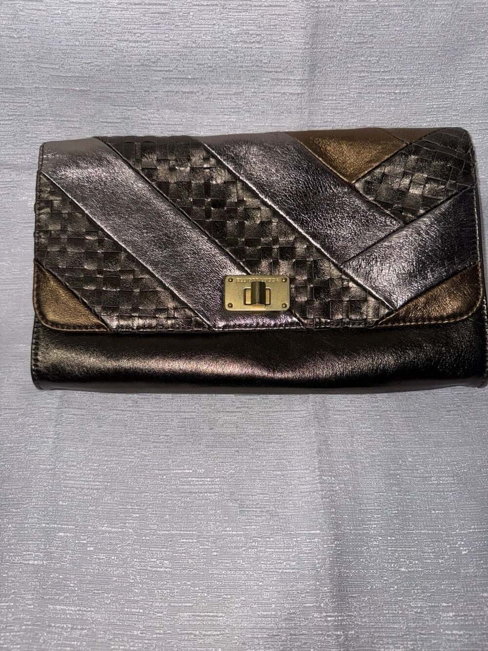 Elliott Lucca Metallic Patchwork Woven Leather Clutch Shoulder Bag